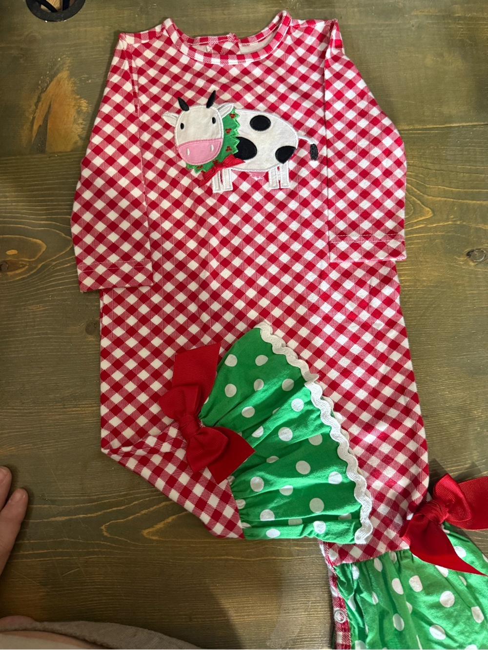 Kids Red Gingham romper with Green Polka Dot Ruffle ricrac and ruffles size 12 M